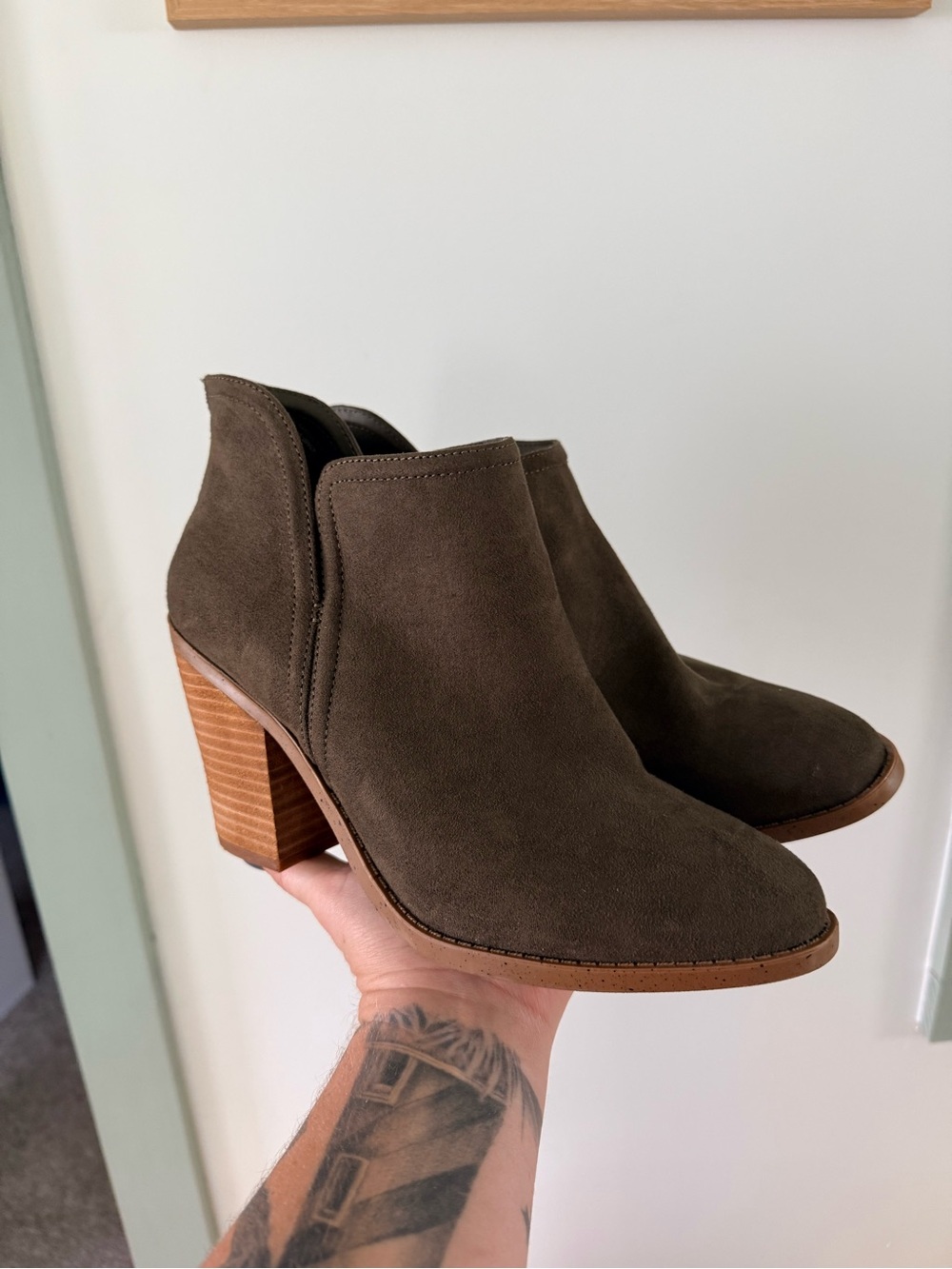 Joie Olive Suede Stacked Heel Ankle Booties